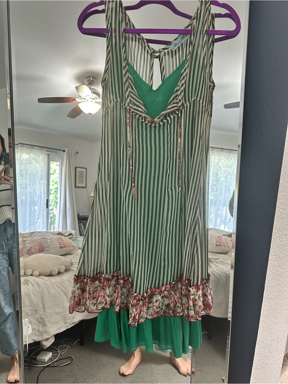 Alannah Hill Green and White Striped Midi Dress with Floral Hem